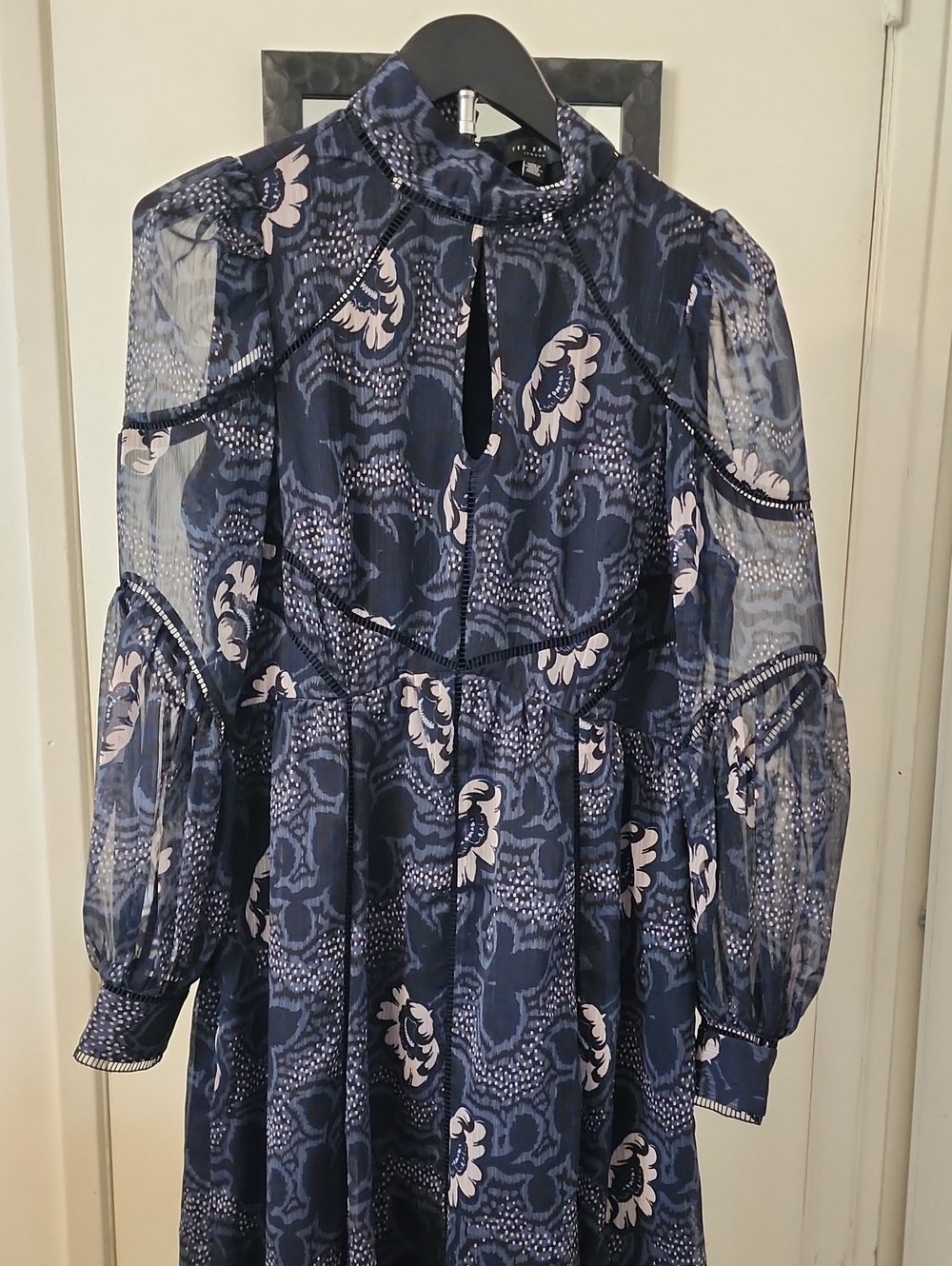 Ted Baker London Navy Floral Chiffon Midi Dress High Neck Long Sleeve Size 2 - Picture 4 of 16